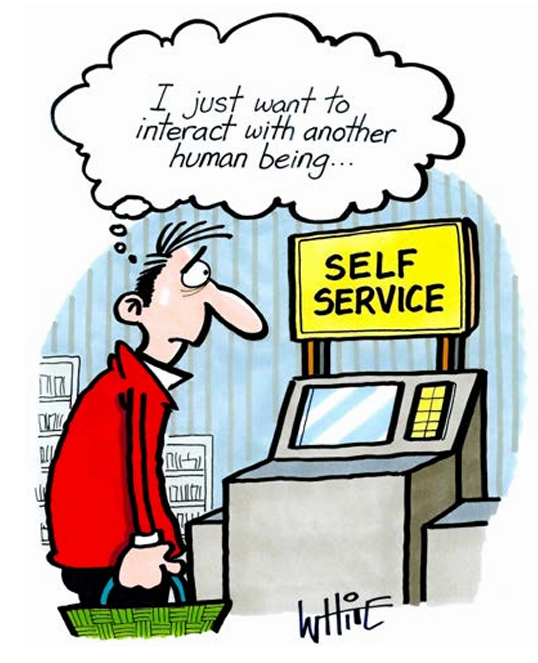 Comic: Mann mit Einkaufskorb steht vor einer Self‑Service‑Kasse.